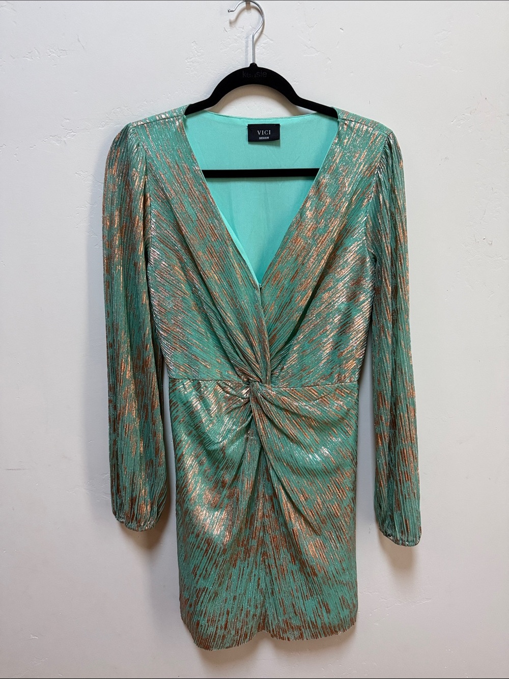VICI Mint Green Metallic Twist-Front Long Sleeve Dress